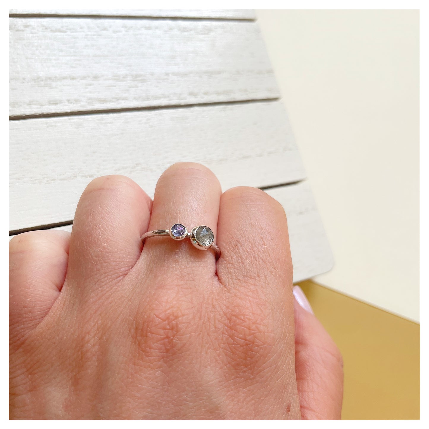Sterling Silver, Labradorite and Tanzanite Hammered Band Ring.