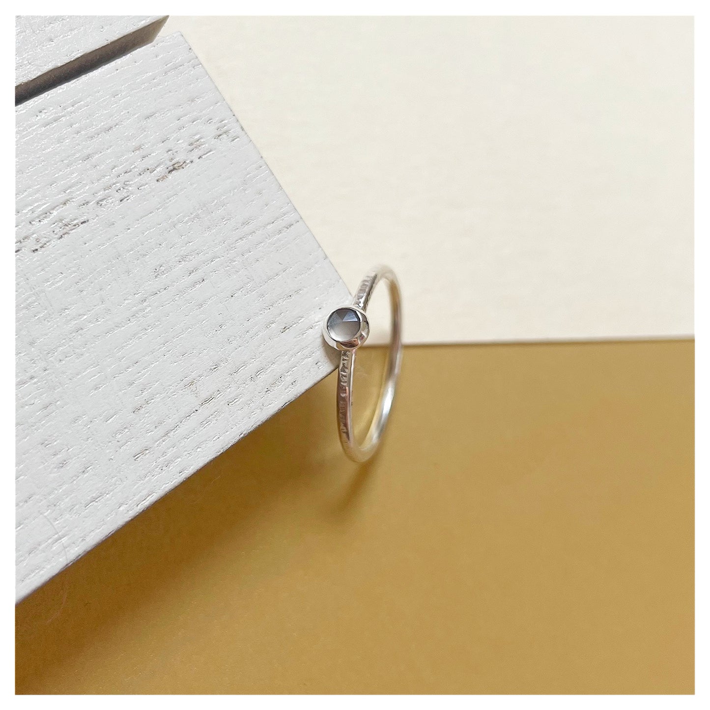 Sterling Silver and Grey Moonstone Hammered Band Ring.