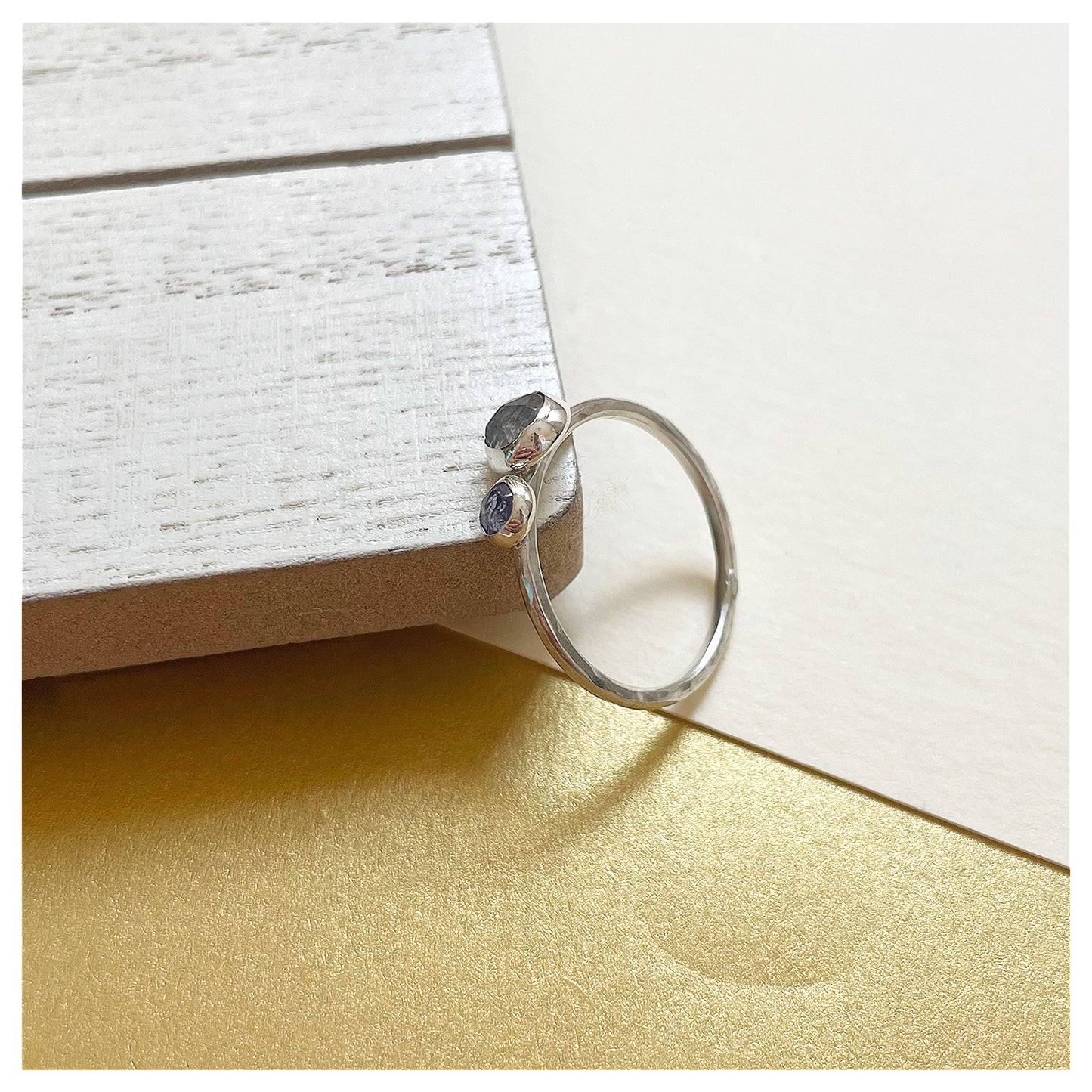 Sterling Silver, Labradorite and Tanzanite Hammered Band Ring.