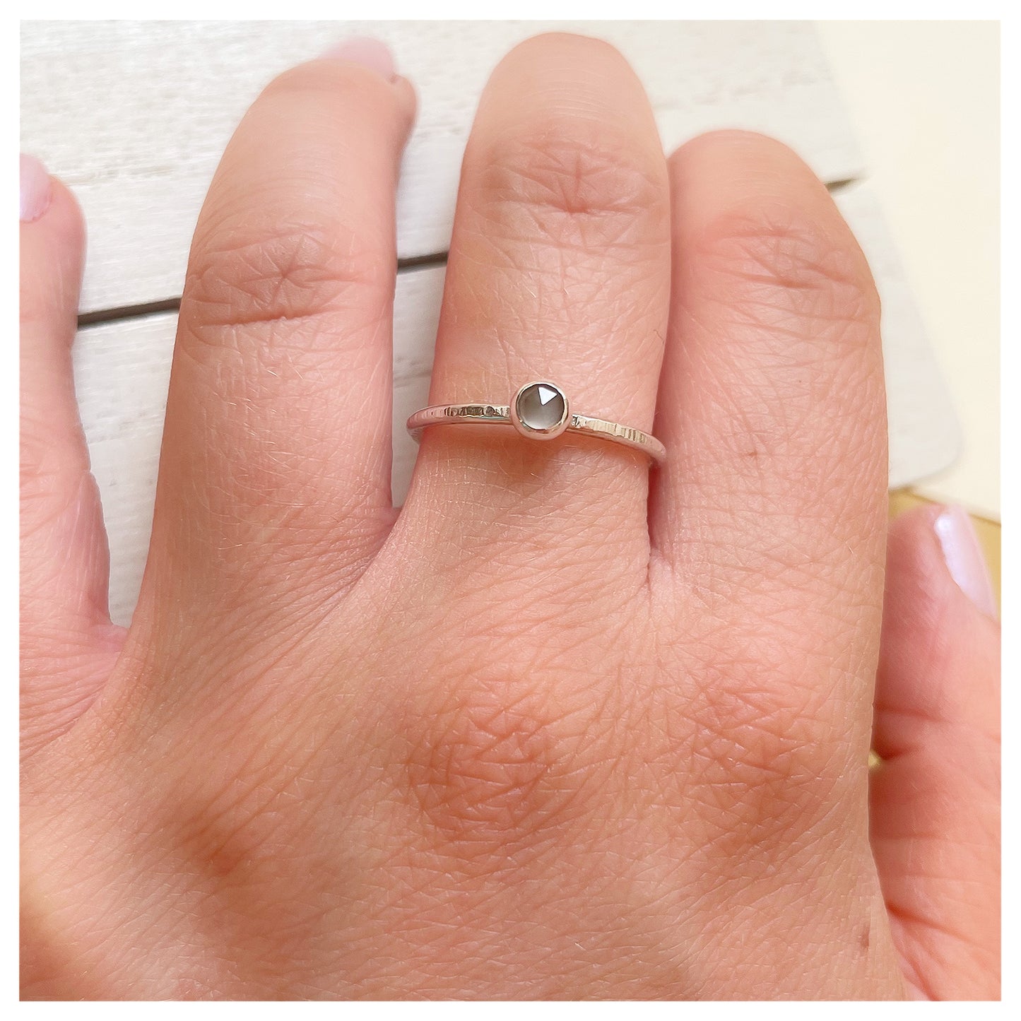 Sterling Silver and Grey Moonstone Hammered Band Ring.