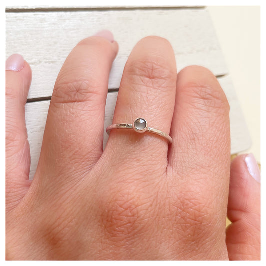 Sterling Silver and Grey Moonstone Hammered Band Ring.