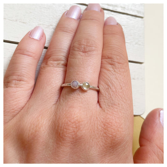 Sterling Silver Pink Opal and Lemon Quartz Hammered Band Ring.