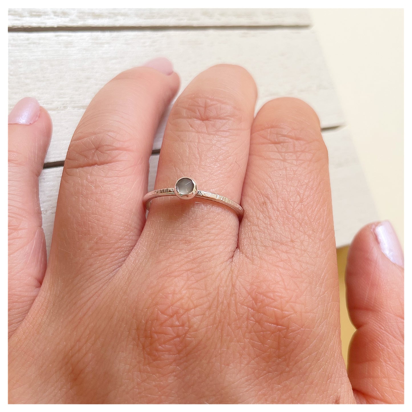 Sterling Silver and Grey Moonstone Hammered Band Ring.