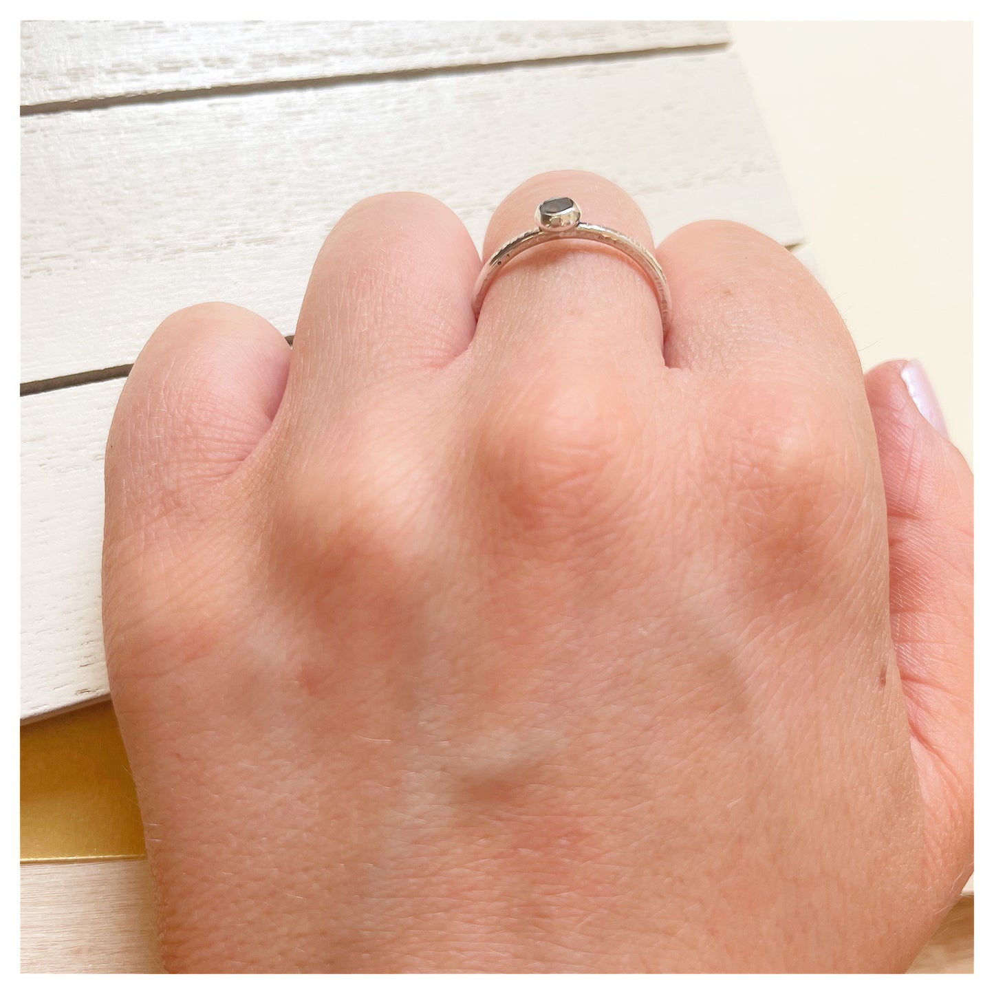 Sterling Silver and Grey Moonstone Hammered Band Ring.