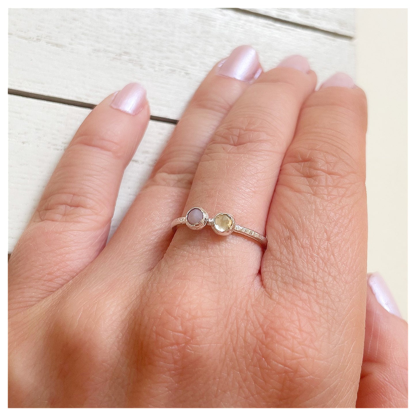Sterling Silver Pink Opal and Lemon Quartz Hammered Band Ring.