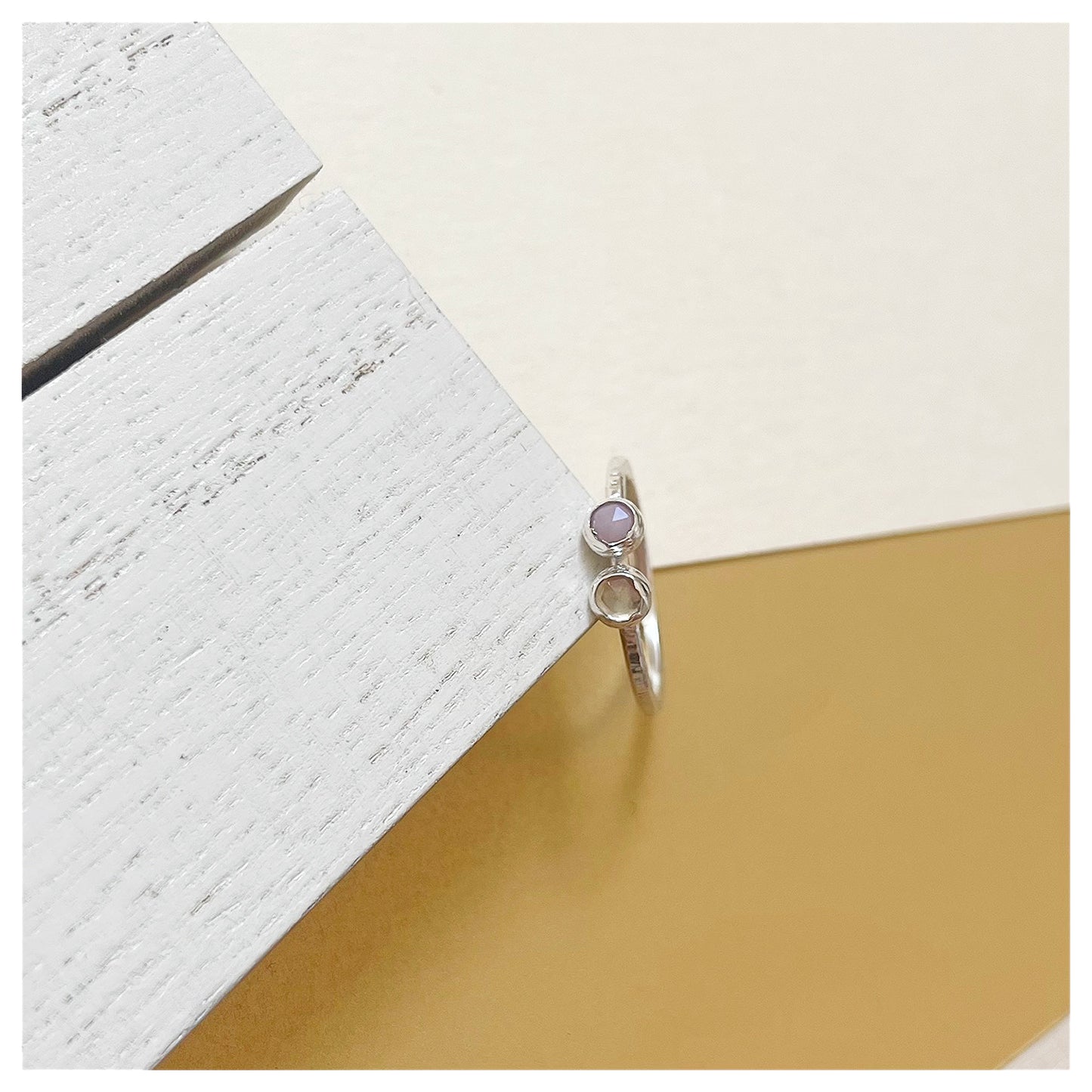 Sterling Silver Pink Opal and Lemon Quartz Hammered Band Ring.