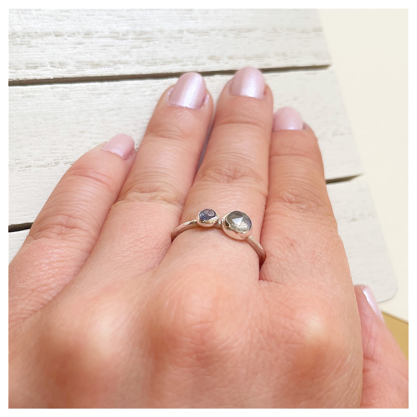 Sterling Silver, Labradorite and Tanzanite Hammered Band Ring.