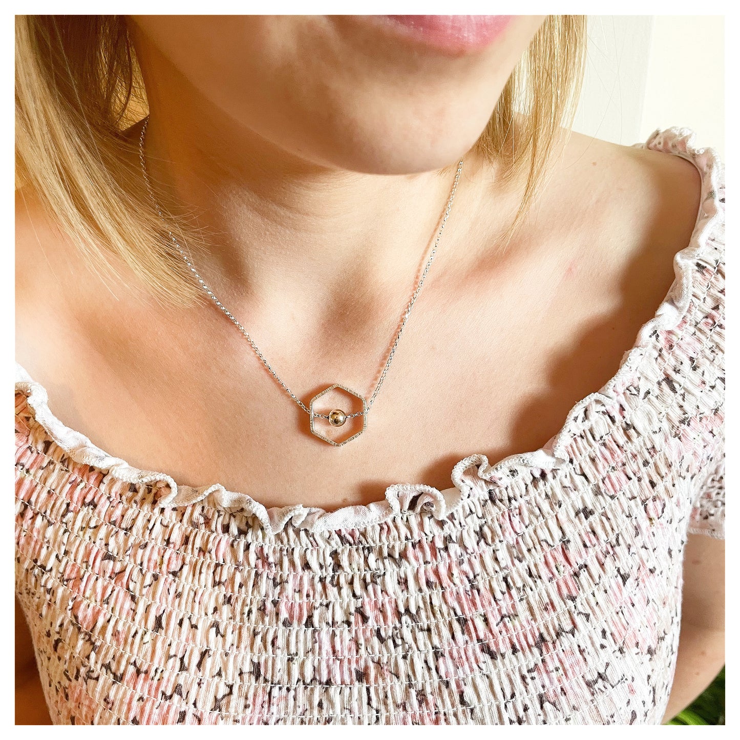 9ct Yellow Gold and Sterling Silver Hexagonal Necklace with Bead