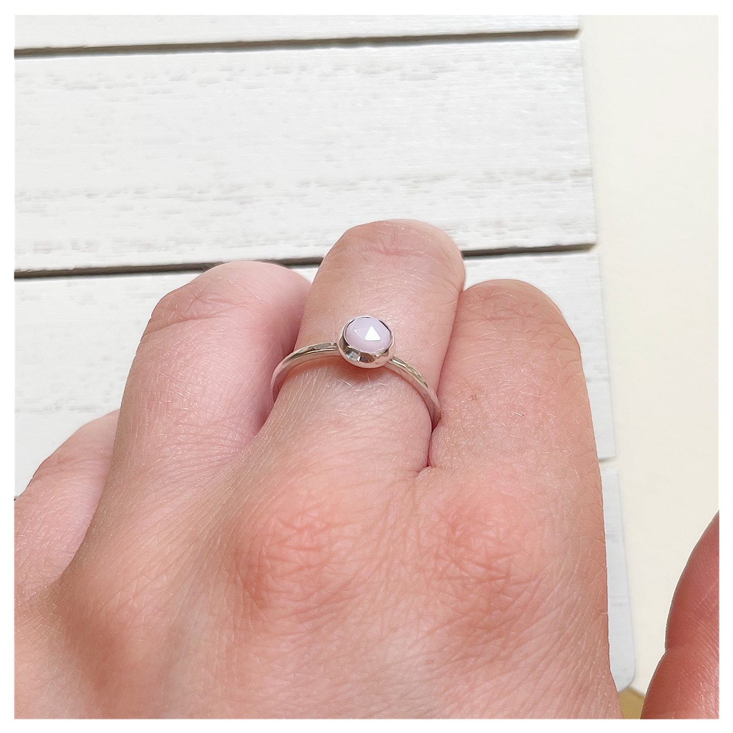 Sterling Silver and Pink Opal Hammered Band Ring.