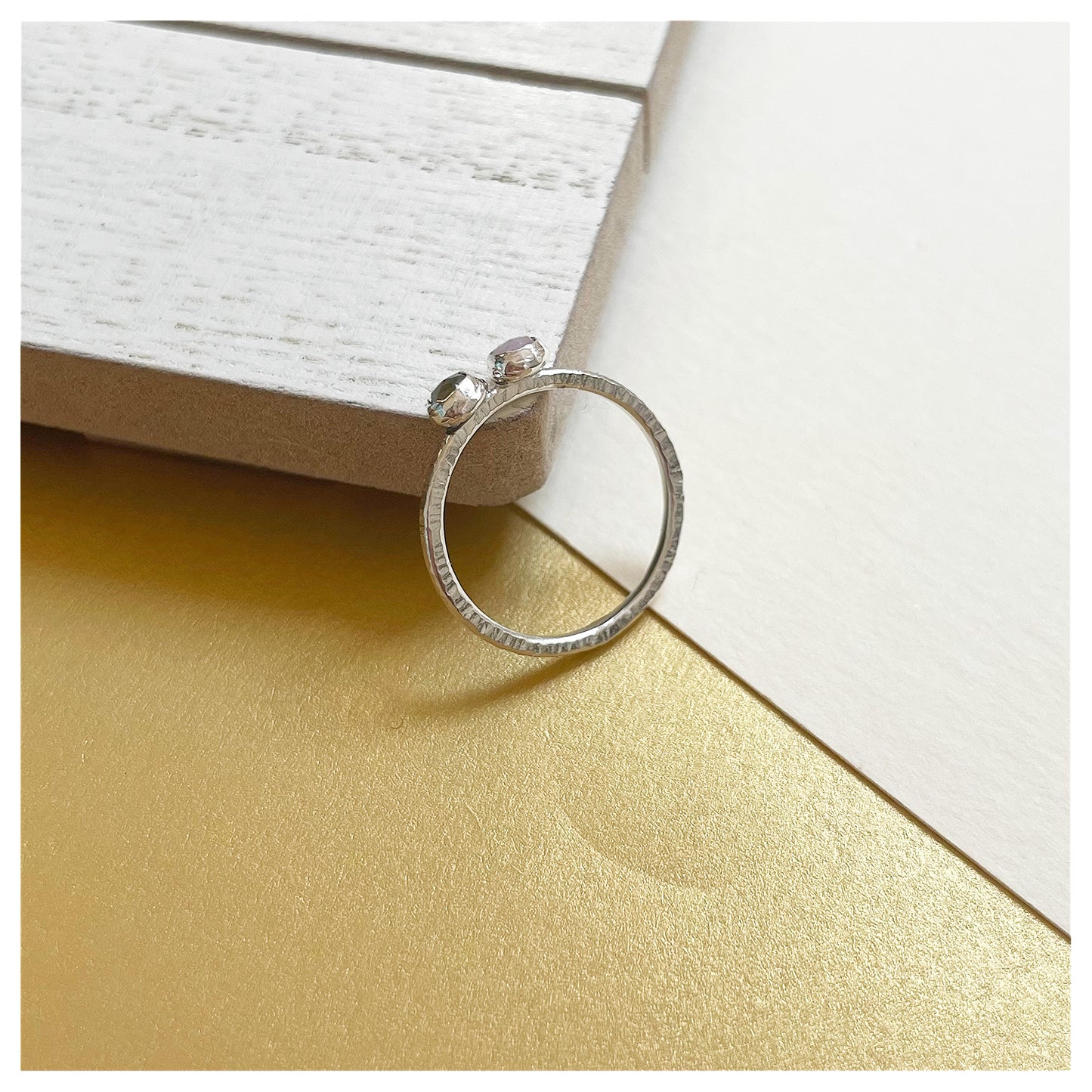Sterling Silver Pink Opal and Lemon Quartz Hammered Band Ring.