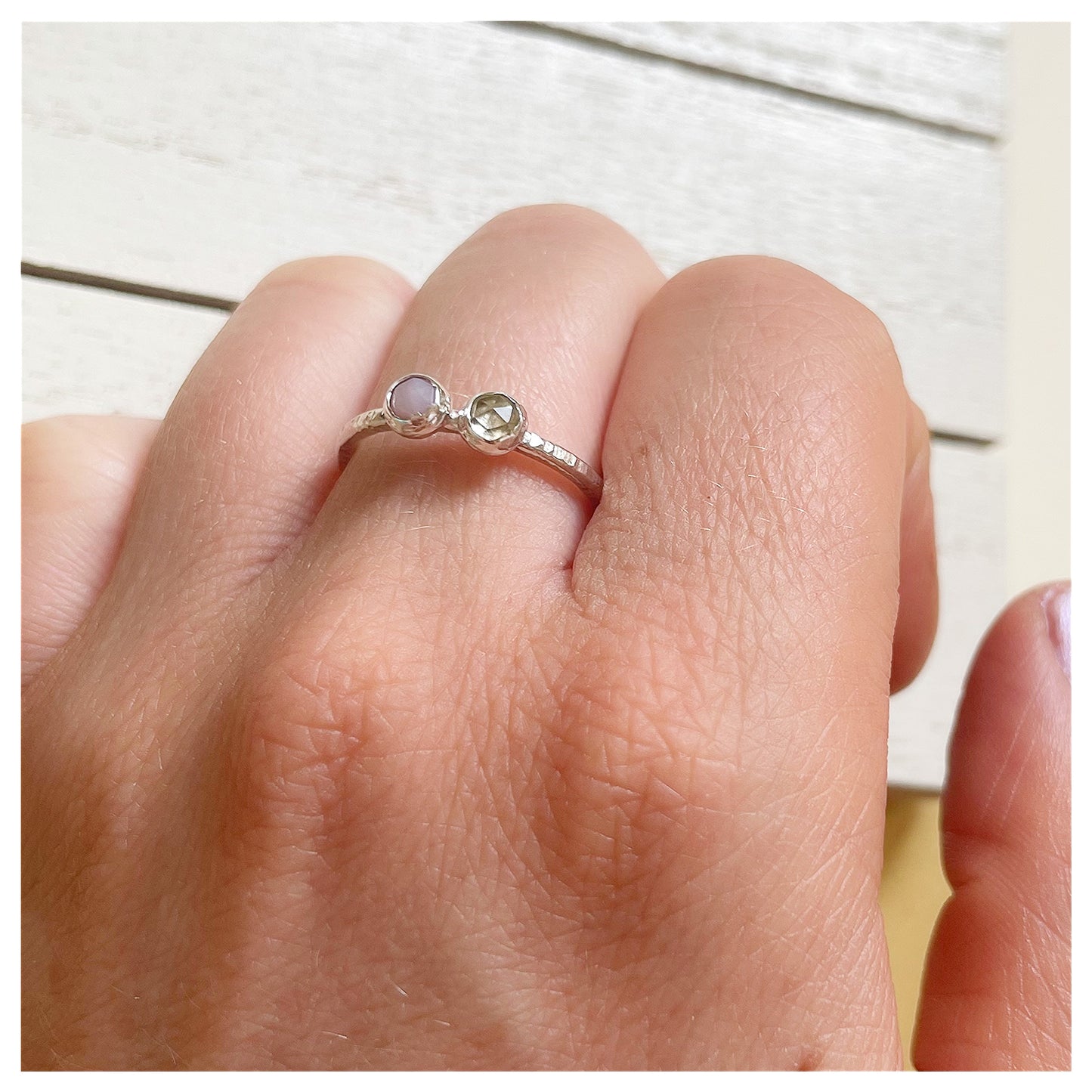 Sterling Silver Pink Opal and Lemon Quartz Hammered Band Ring.