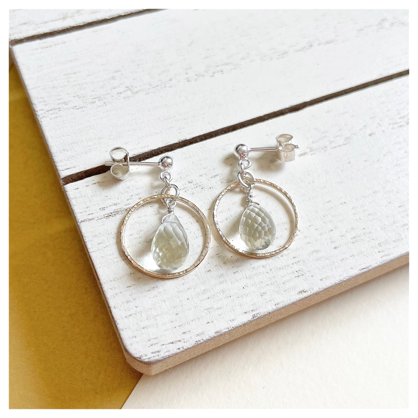 Mini 9ct Yellow Gold Hammered Circle, Sterling Silver and Green Amethyst Drop earrings