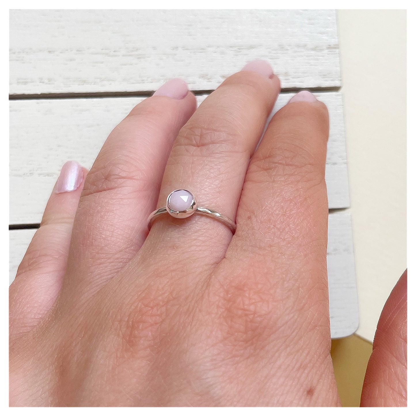 Sterling Silver and Pink Opal Hammered Band Ring.