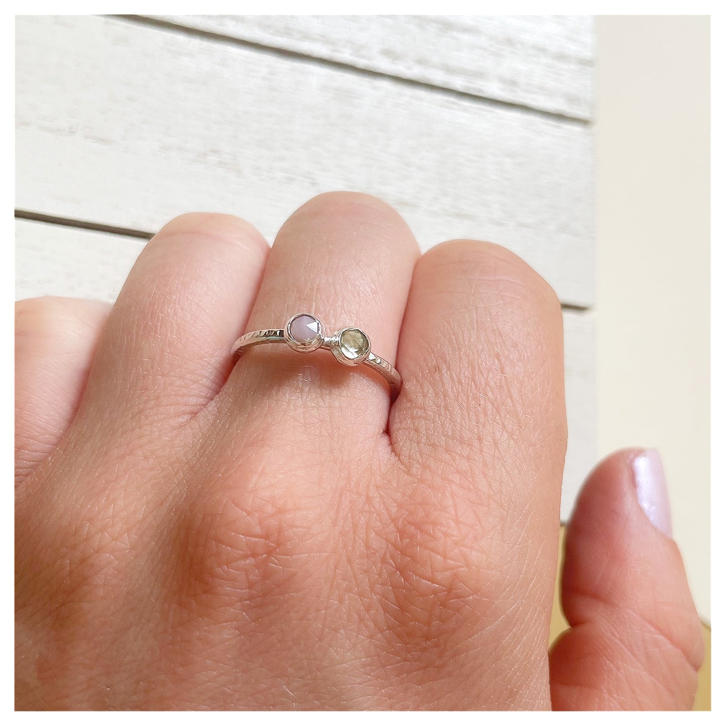 Sterling Silver Pink Opal and Lemon Quartz Hammered Band Ring.