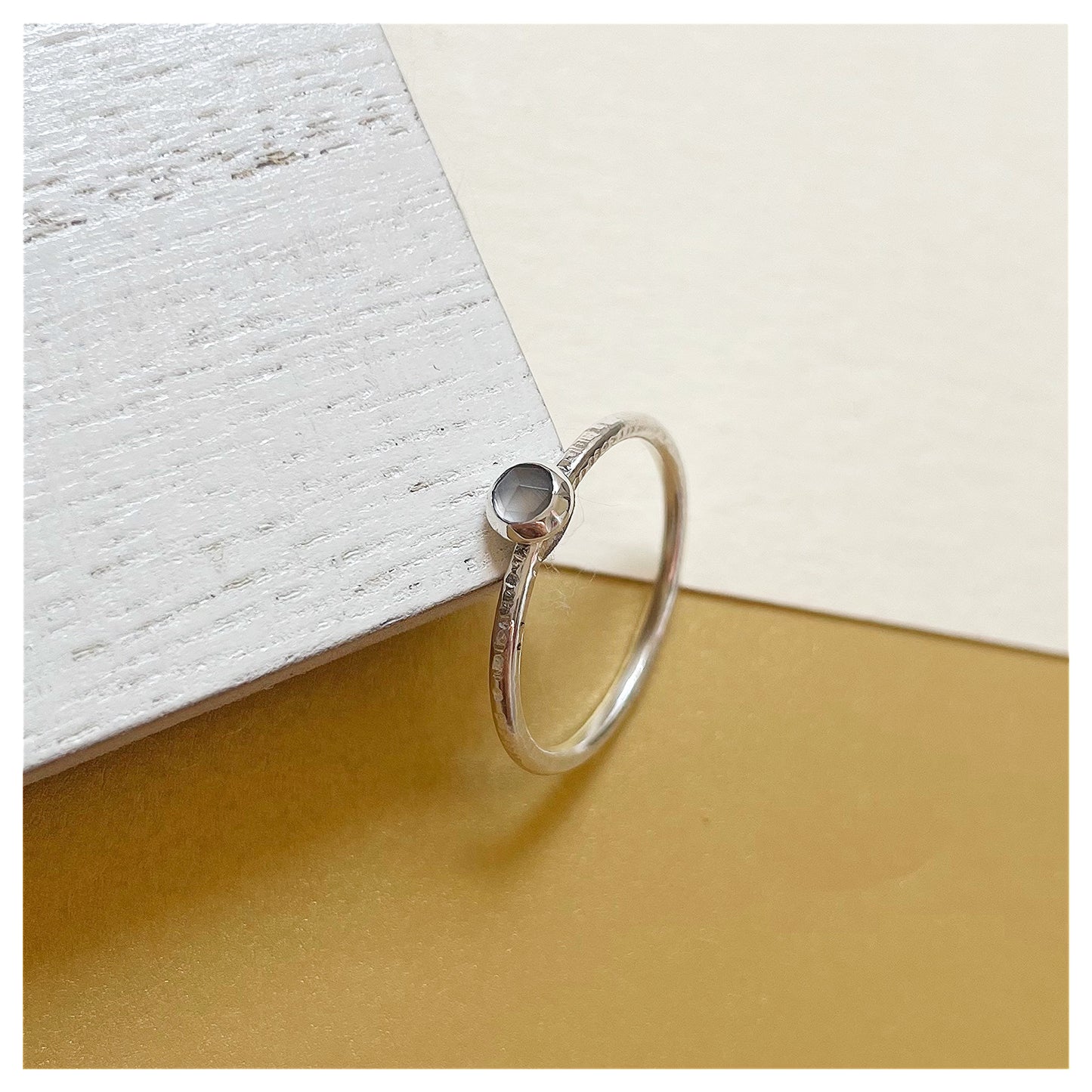 Sterling Silver and Grey Moonstone Hammered Band Ring.