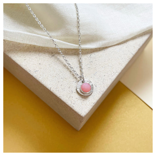 Sterling Silver and Pink Opal Hammered Disc Pendant.
