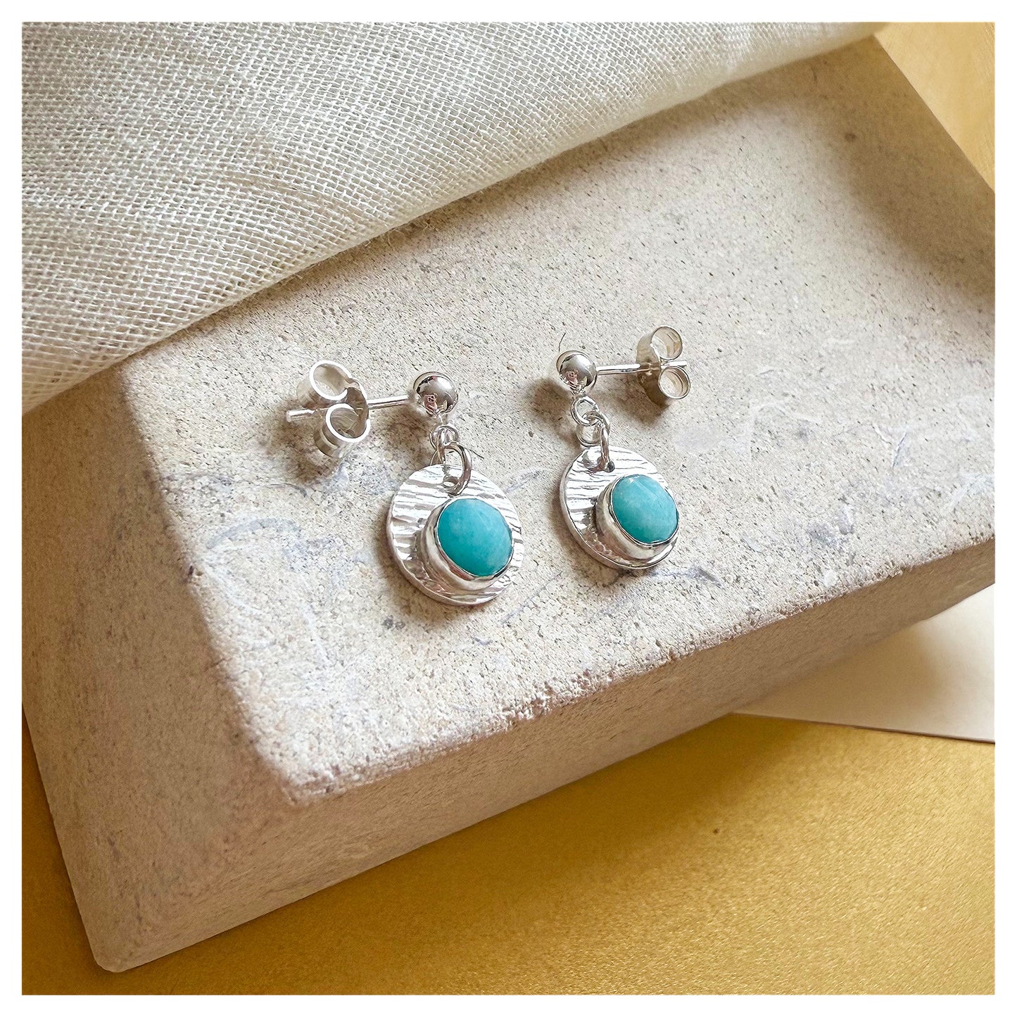 Sterling Silver Textured Amazonite Gemstone Drop  Earrings.
