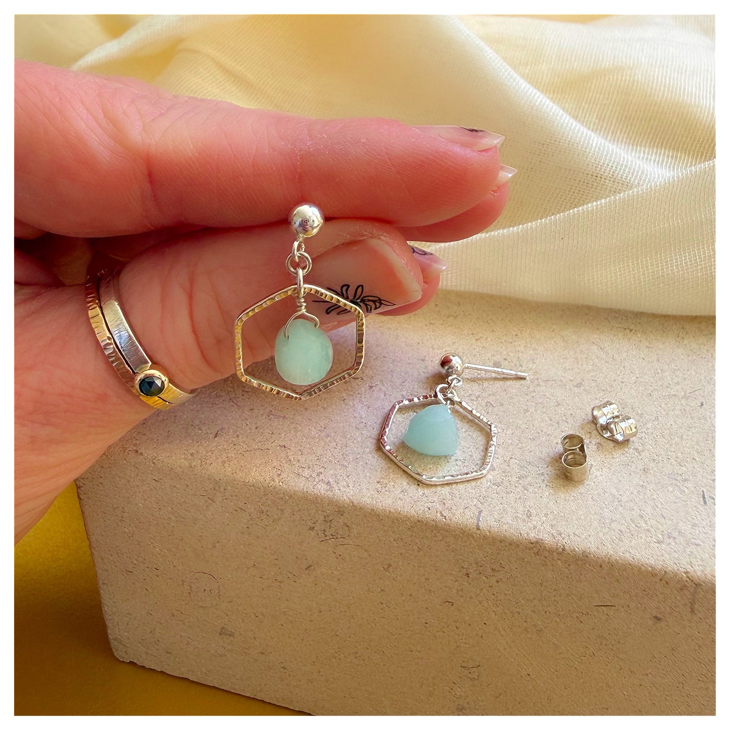 Sterling Silver Hammered Hexagonal Amazonite Drop earrings.