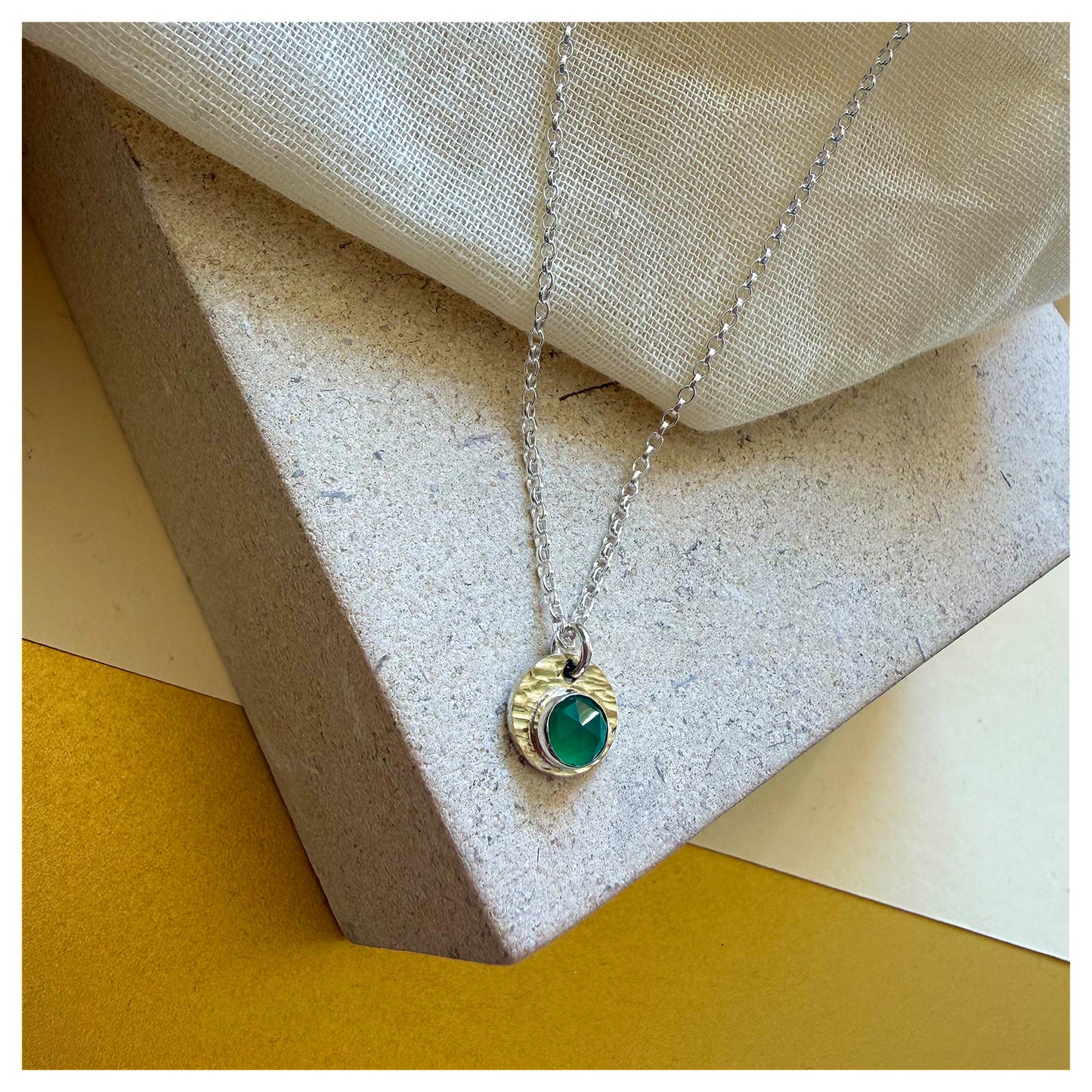 9ct Yellow Gold, Sterling Silver and Green Onyx Hammered Disc Pendant.