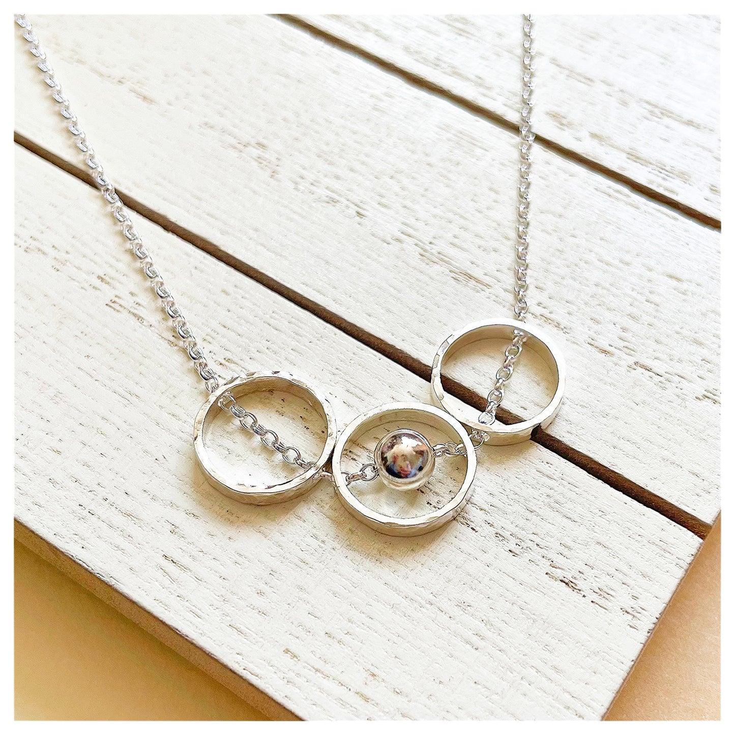 Sterling Silver Mini Triple Circular Pendant Necklace with Bead.