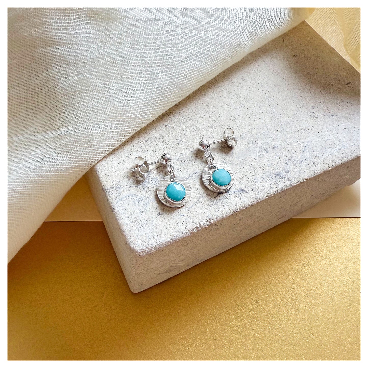 Sterling Silver Textured Amazonite Gemstone Drop  Earrings.