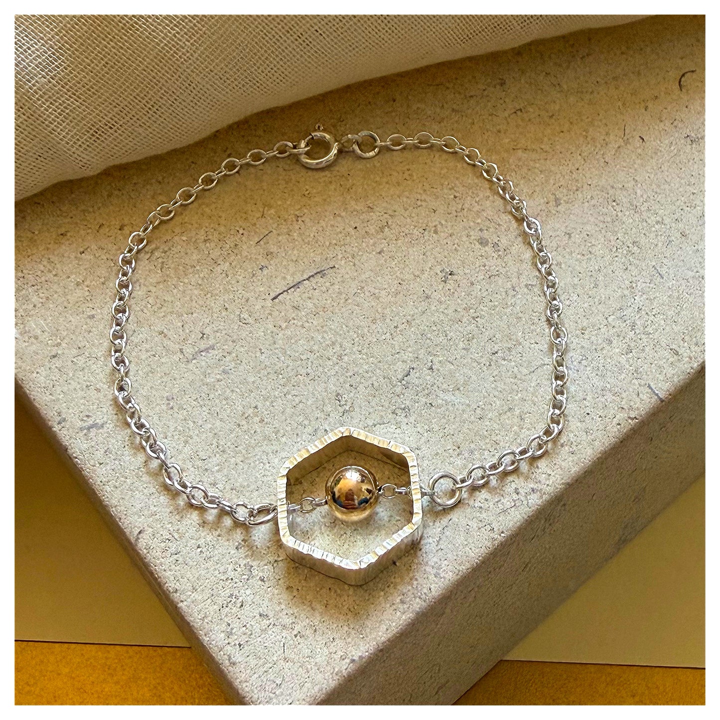 Sterling Silver and 9ct Yellow Gold Bead Mini Hexagon Bracelet.