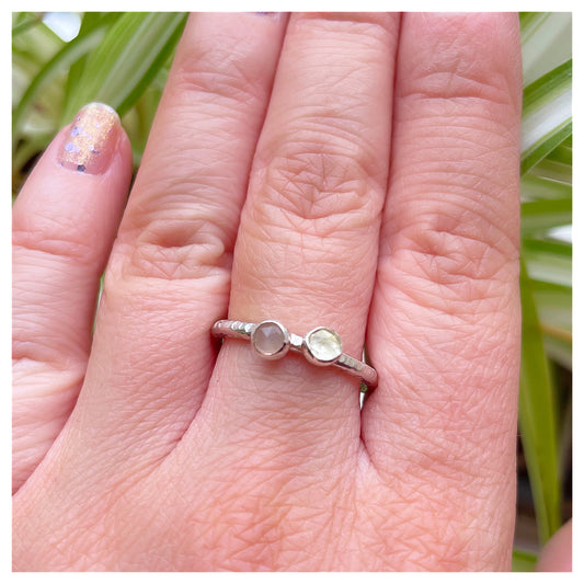 Sterling Silver Peach Moonstone and Lemon Quartz Hammered Band Ring.