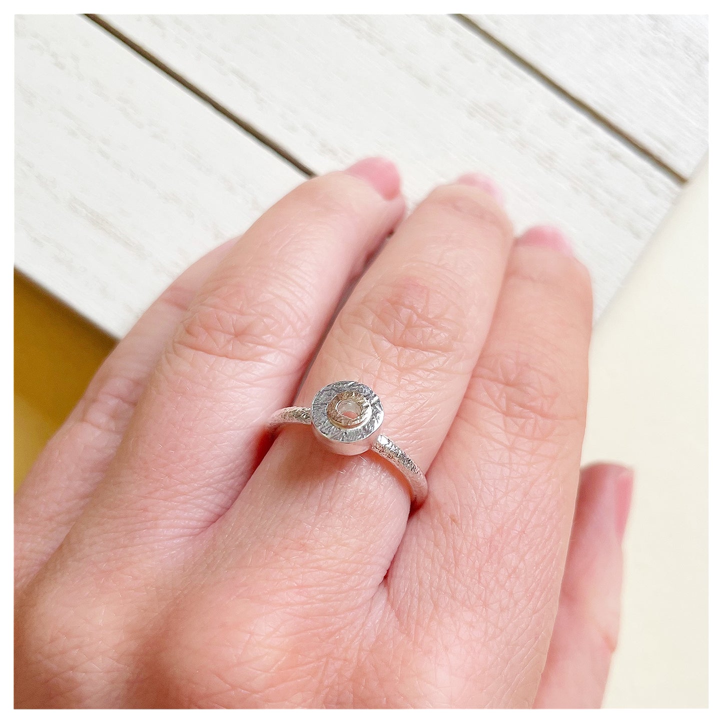 Sterling Silver Mini Textured Donut Ring With 9ct Yellow Gold Halo.