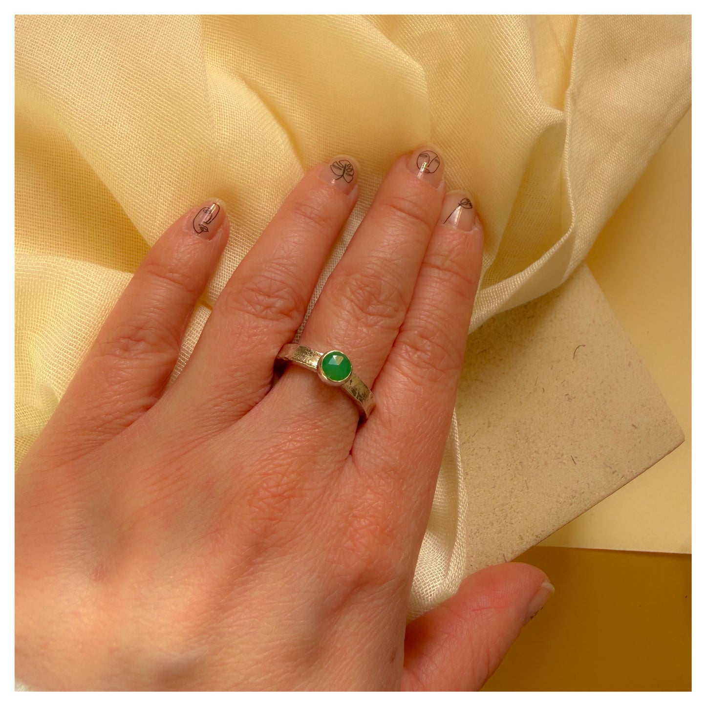 Sterling Silver and Chrysoprase Organic Textured Ring.
