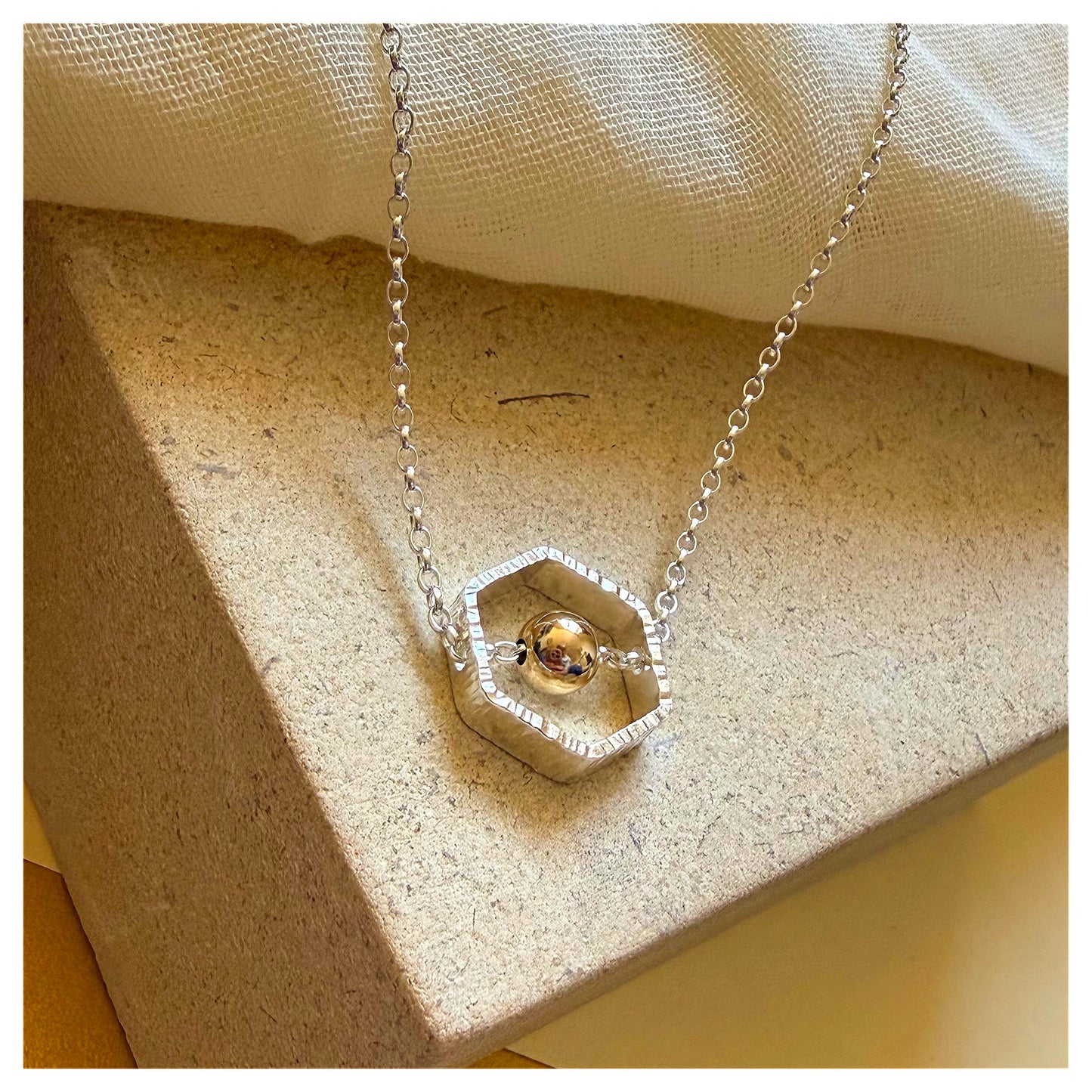 9ct Yellow Gold and Sterling Silver Hexagon Necklace with Bead.