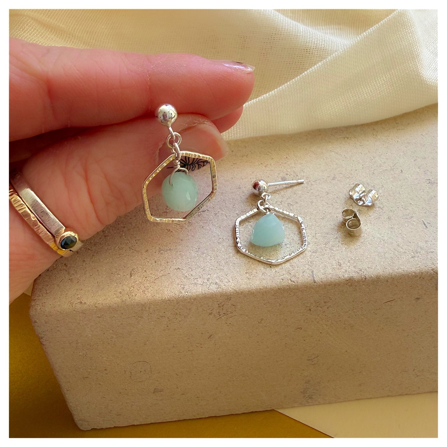 Sterling Silver Hammered Hexagonal Amazonite Drop earrings.