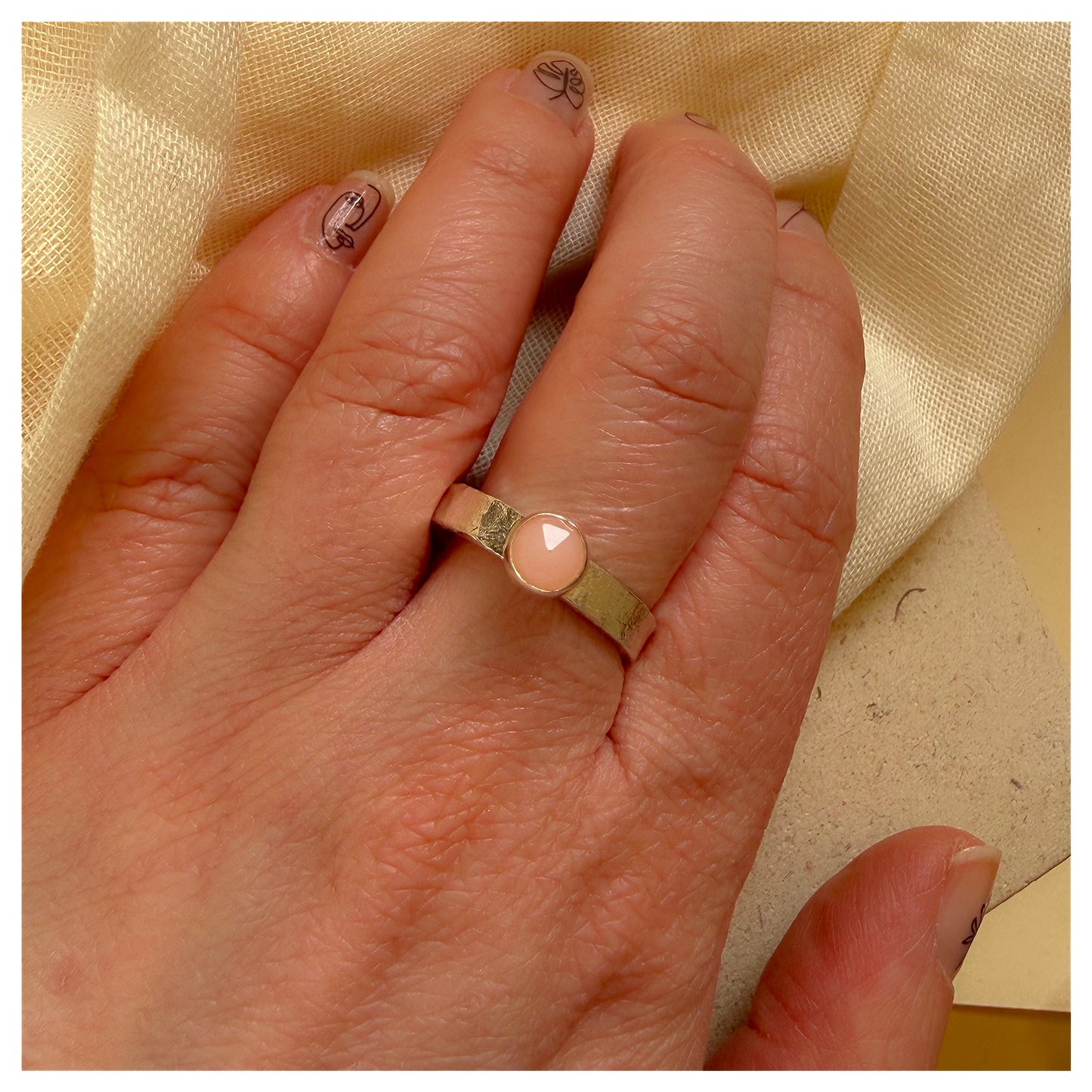 Sterling Silver and Pink Opal Organic Textured Ring.