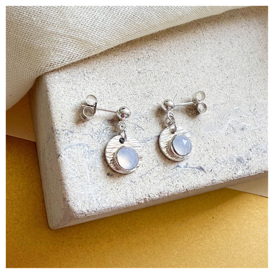 Sterling Silver Textured Chalcedony Gemstone Drop Earrings.