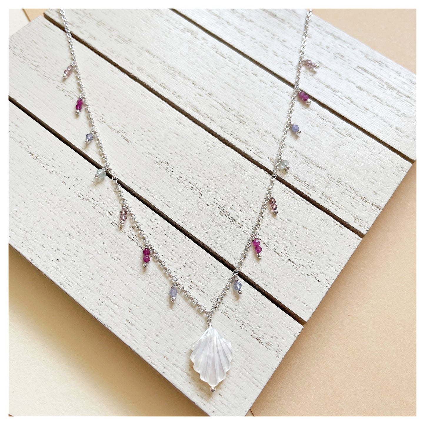 Sterling Silver, Mother of Pearl Shell and Gemstone Beaded Necklace. (1)