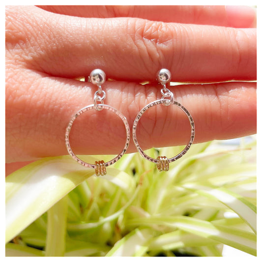 Mini Sterling Silver and 9ct Yellow Gold Detail Hammered Circle Drop Stud Earrings.