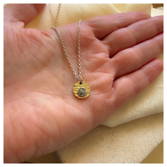 9ct Yellow Gold, Sterling Silver and Rosecut Diamond Hammered Disc Pendant.