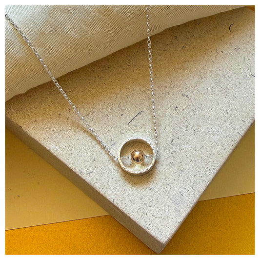 9ct Yellow Gold and Sterling Silver Circle Necklace with Bead.