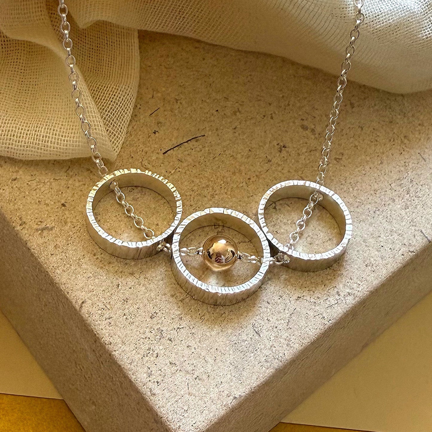 9ct Yellow Gold and Sterling Silver Mini Triple Circle and Bead Necklace