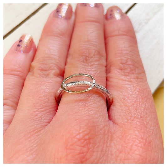 Sterling Silver Organic Ring With Large 9ct Yellow Gold Textured Oval Halo.