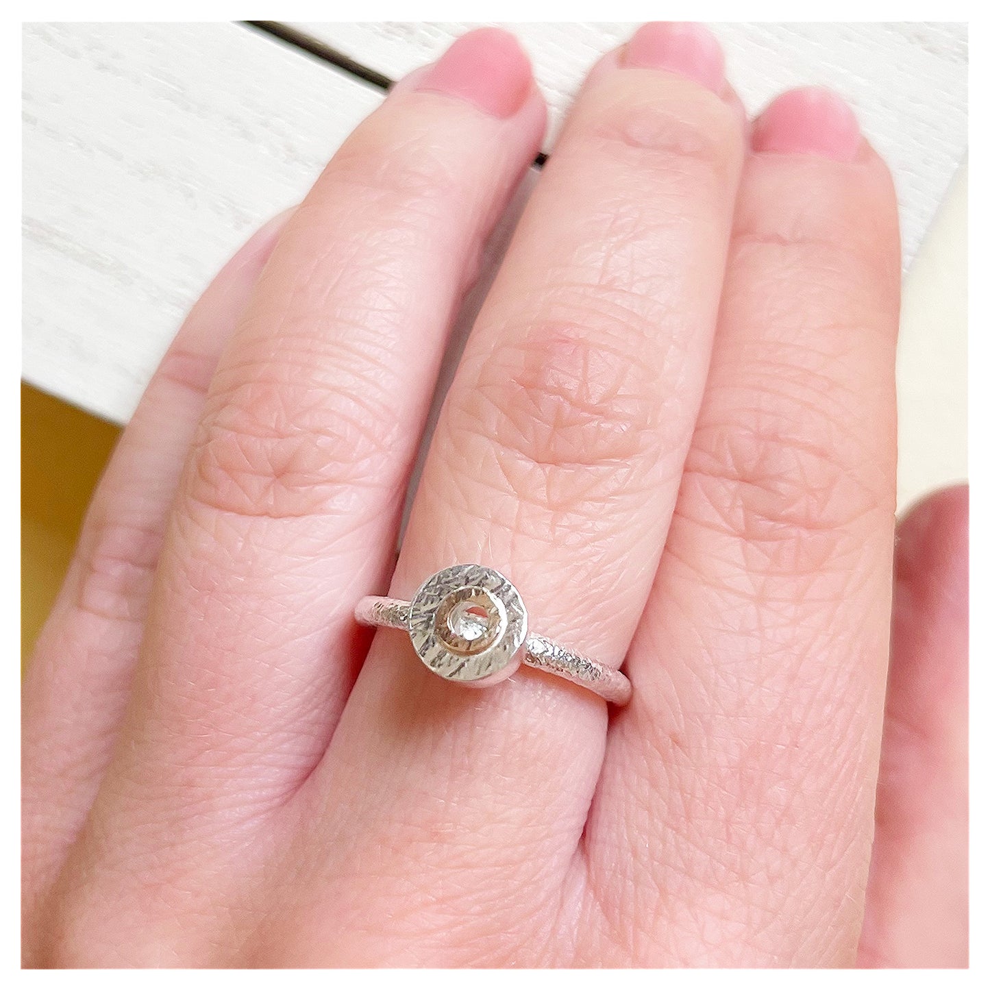 Sterling Silver Mini Textured Donut Ring With 9ct Yellow Gold Halo.