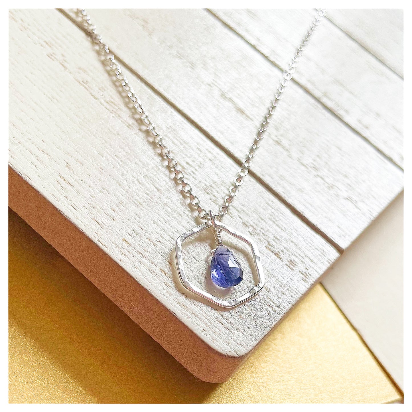 Mini Sterling Silver Hammered Hexagon and Iolite Briolette Necklace.