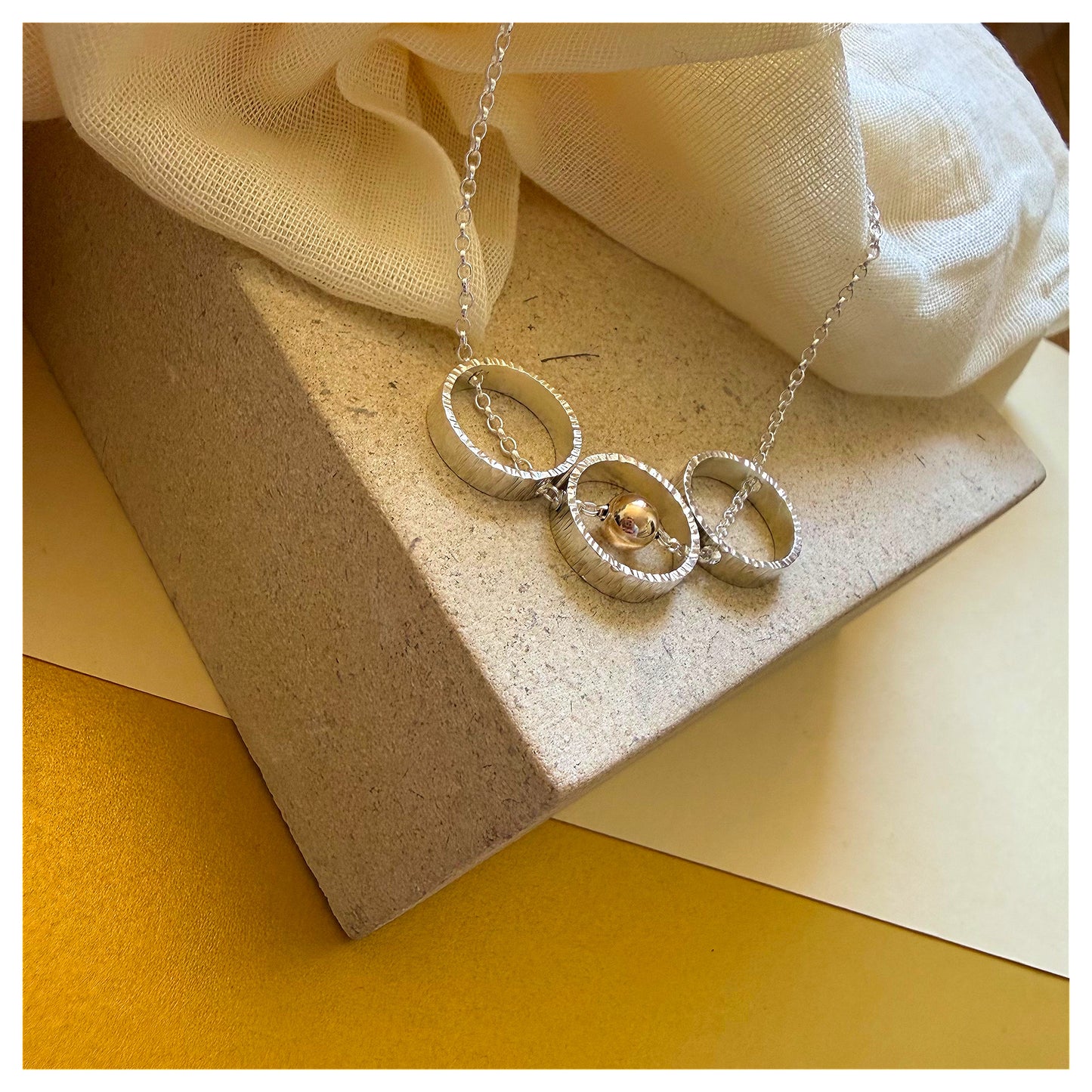 9ct Yellow Gold and Sterling Silver Mini Triple Circle and Bead Necklace