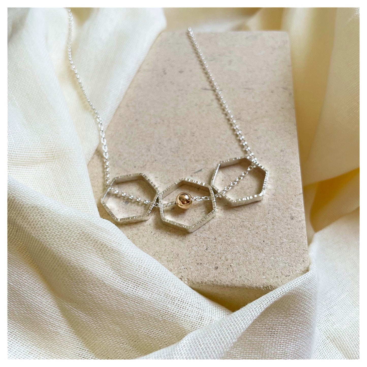 9ct Yellow Gold and Sterling Silver Triple Hexagon Necklace with Bead.