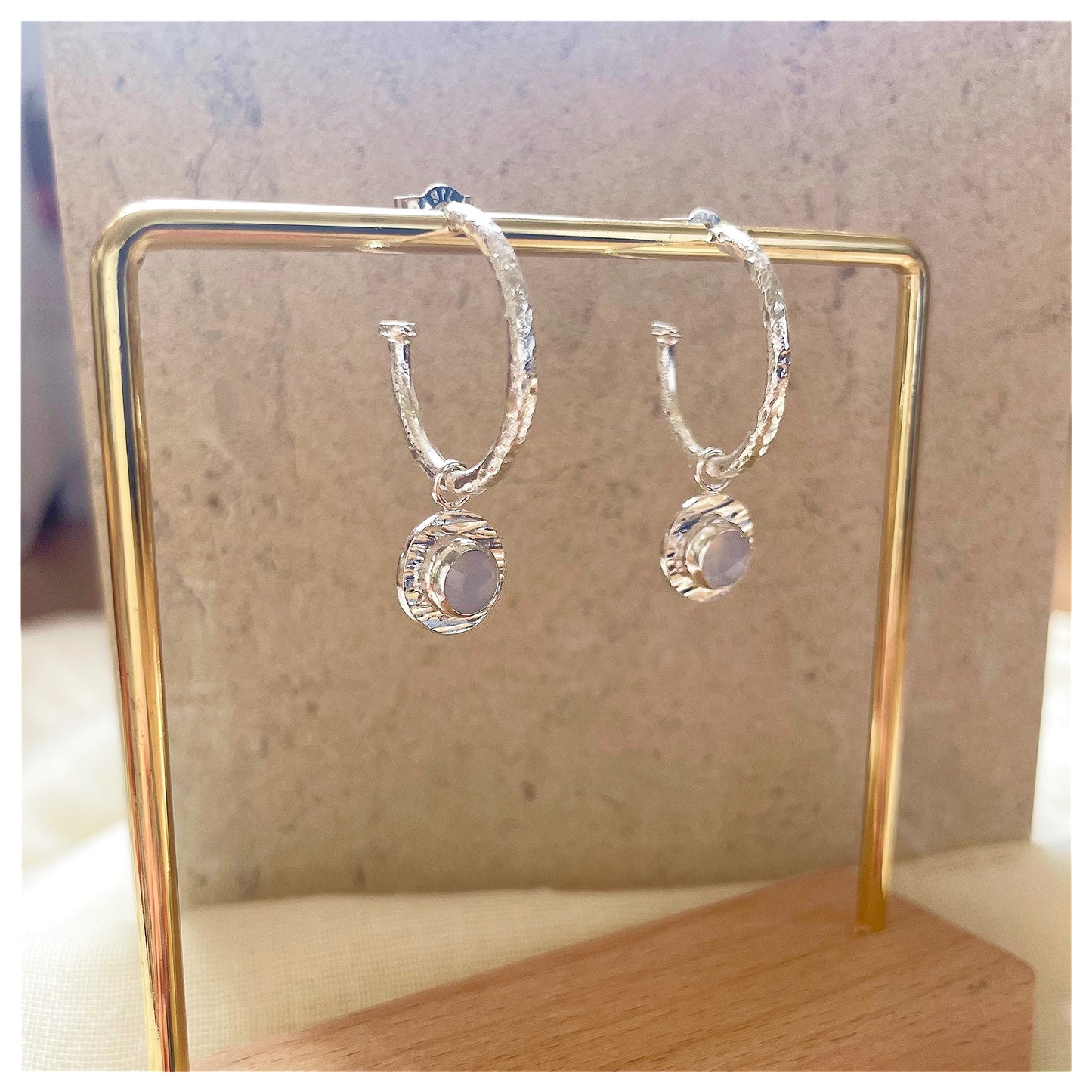 Sterling Silver Chunky Textured Chalcedony Gemstone Drop Hoop Earrings