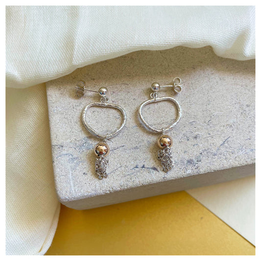 Organic Sterling Silver and 9ct Yellow Gold Tassel Drop Earrings.
