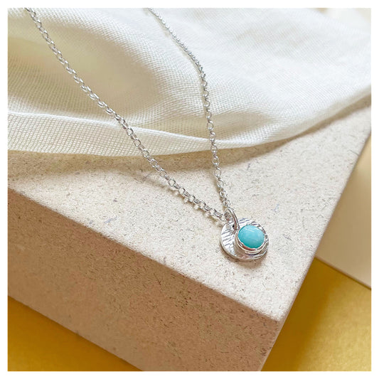 Sterling Silver and Amazonite Hammered Disc Pendant.