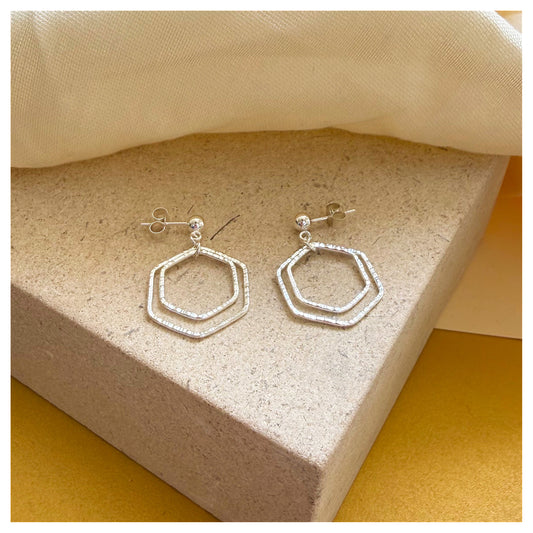 Sterling Silver Front Facing Double Hexagon drop Stud Earrings.
