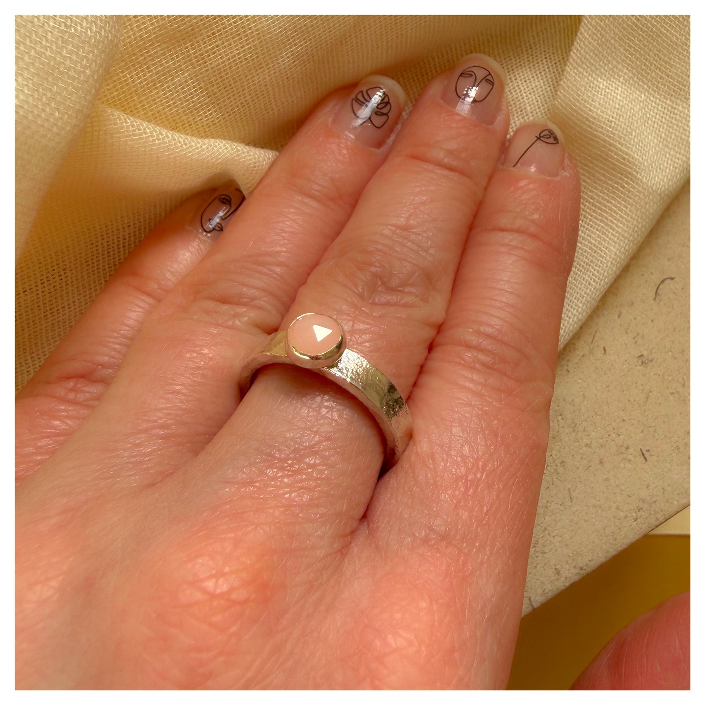 Sterling Silver and Pink Opal Organic Textured Ring.