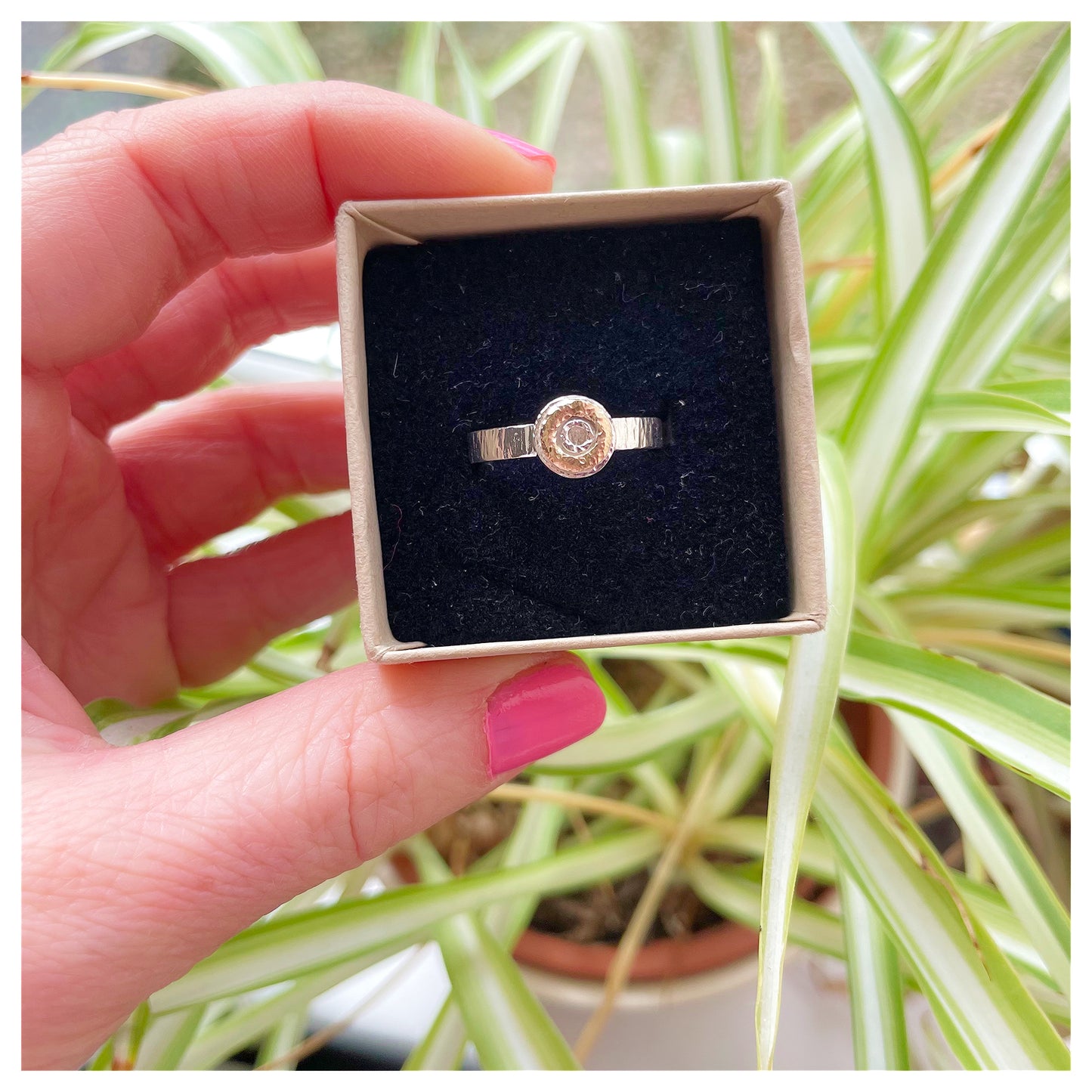Sterling Silver Mini Hammered Donut Ring With 9ct Yellow Gold Halo.