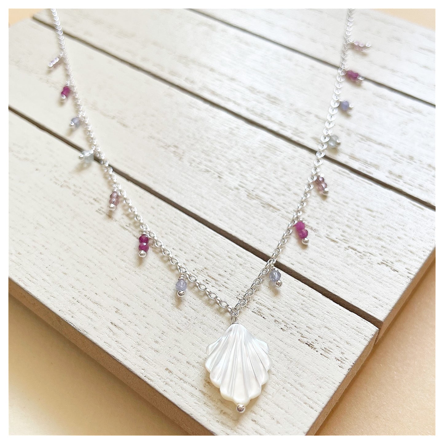 Sterling Silver, Mother of Pearl Shell and Gemstone Beaded Necklace. (1)